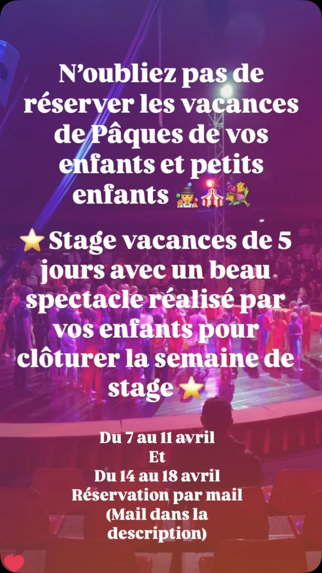 Plus que quelques places pour les vacances de Pâques !!🐣 
Du 7 au 11 avril 
Et du 14 au 18 avril 
Réservation par mail grussecole@gmail.com
🎪🤹🥳